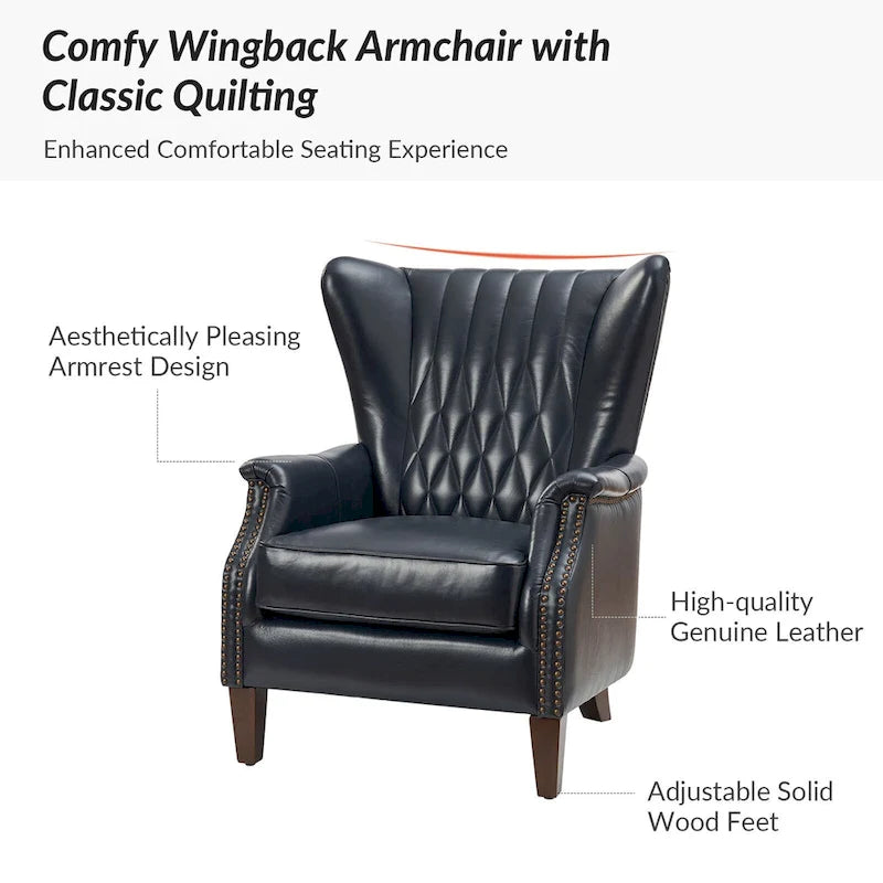 Genuine Leather Wingback Armchair - Brown/Camel/Navy/Burgundy - Single Seat