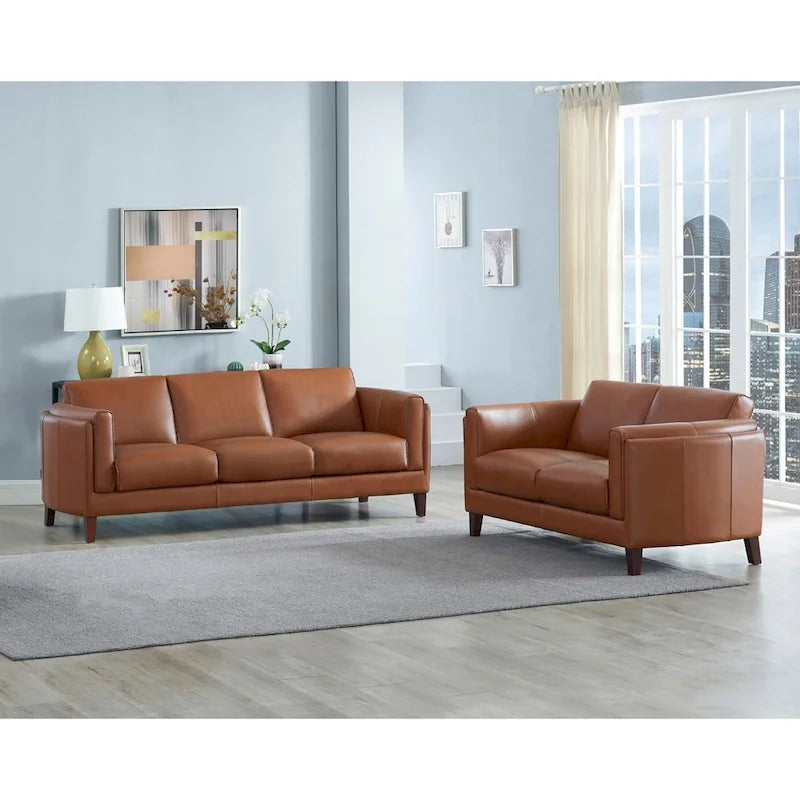 Top Grain Leather Sofa and Loveseat Set With Feather, Memory Foam and Springs