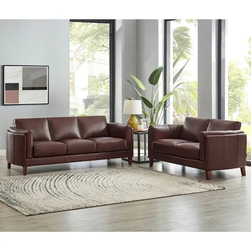 Top Grain Leather Sofa and Loveseat Set With Feather, Memory Foam and Springs