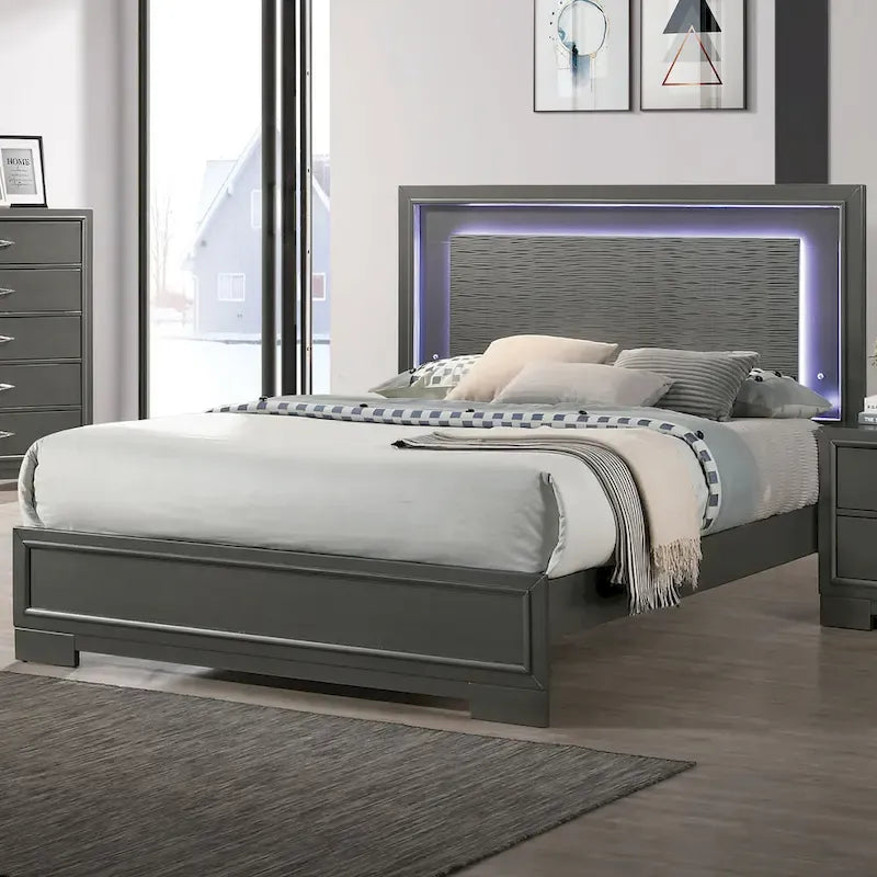 Lalt Contemporary Metallic Grey Wood LED Lighting Platform King Bed by Furniture of America