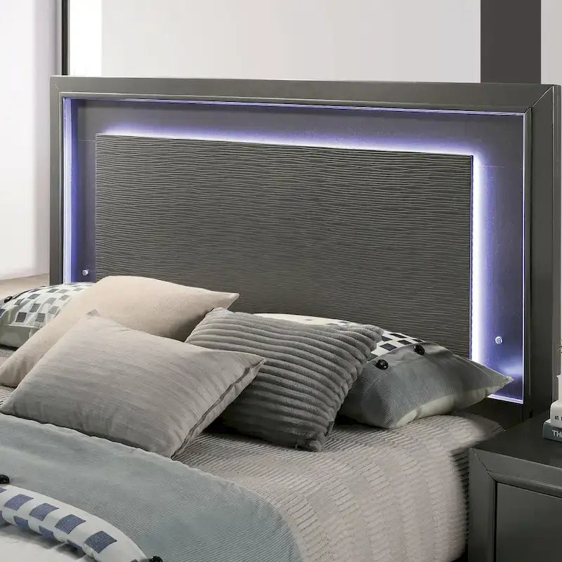 Modern Metal-Gray Wood Platform King Bed with LED Lighting