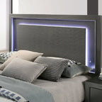 Modern Metal-Gray Wood Platform King Bed with LED Lighting