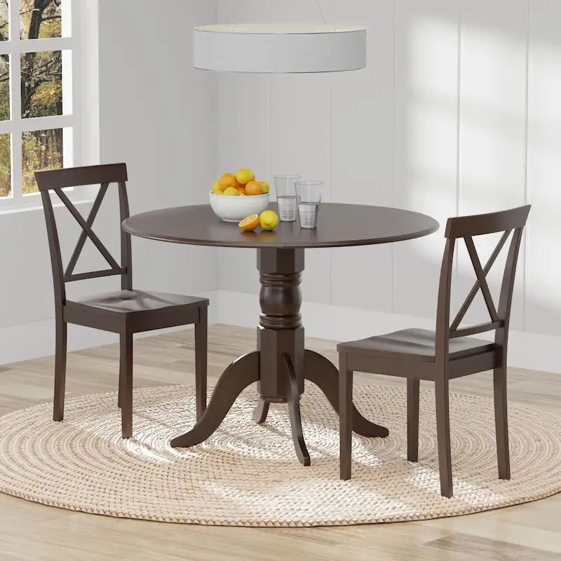 3-Piece Dining Set, 42 Round Drop-Leaf Table and X-Back Chairs