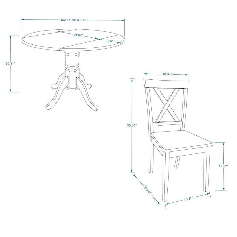 3-Piece Dining Set, 42 Round Drop-Leaf Table and X-Back Chairs