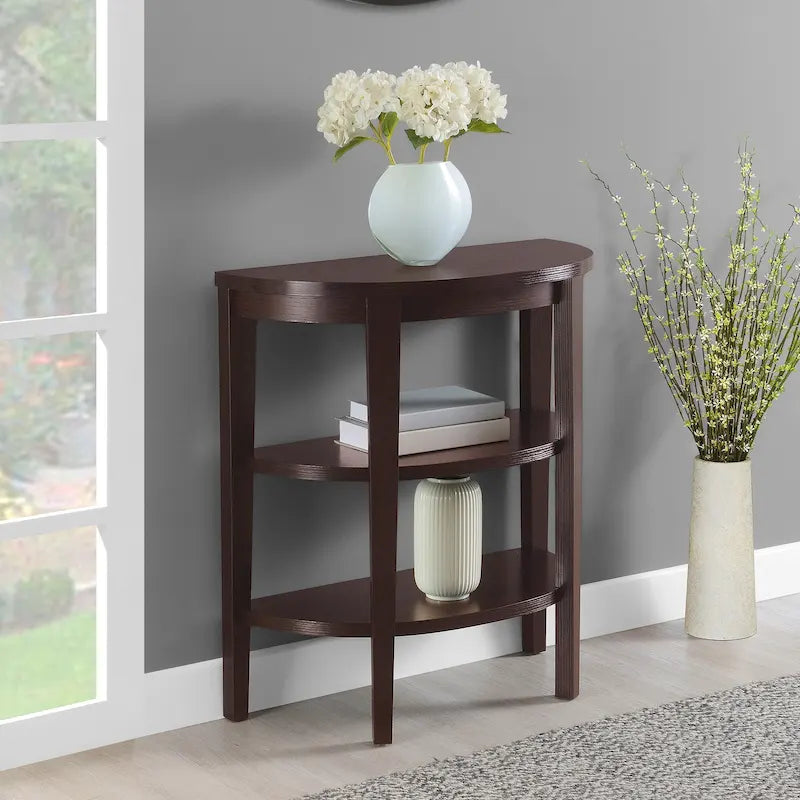 Half-Circle Console Table with 3-Tier Shelves - Espresso/Mahogany