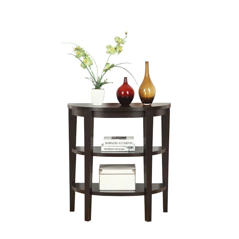 Half-Circle Console Table with 3-Tier Shelves - Espresso/Mahogany