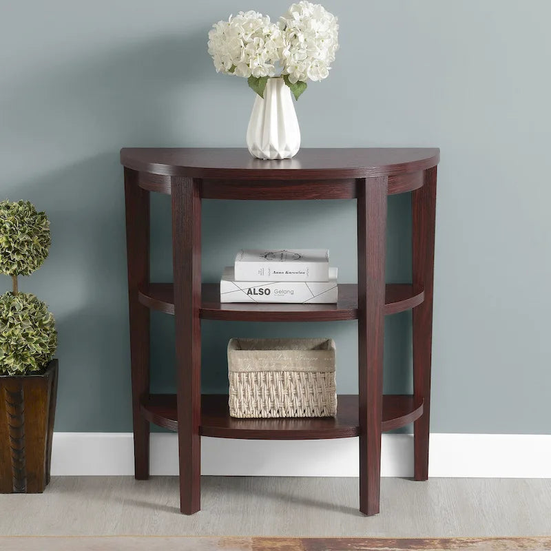 Half-Circle Console Table with 3-Tier Shelves - Espresso/Mahogany