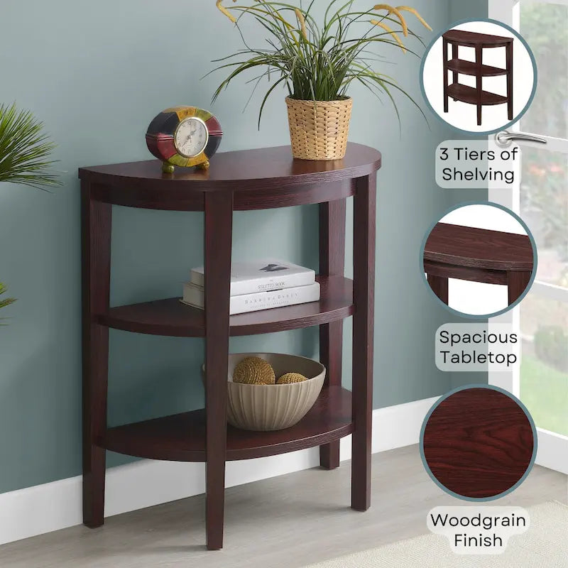 Half-Circle Console Table with 3-Tier Shelves - Espresso/Mahogany