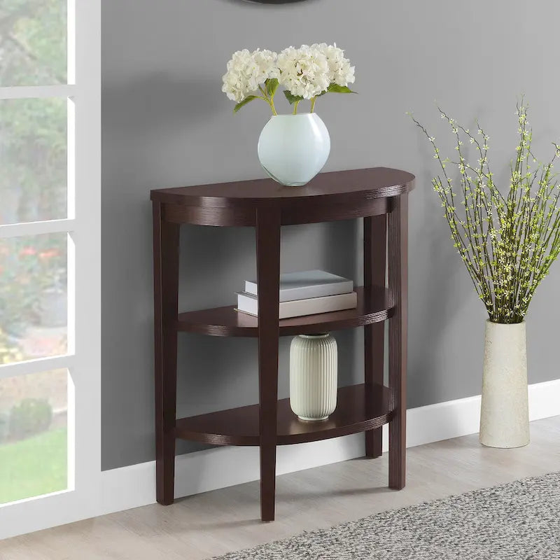 Half-Circle Console Table with 3-Tier Shelves - Espresso/Mahogany
