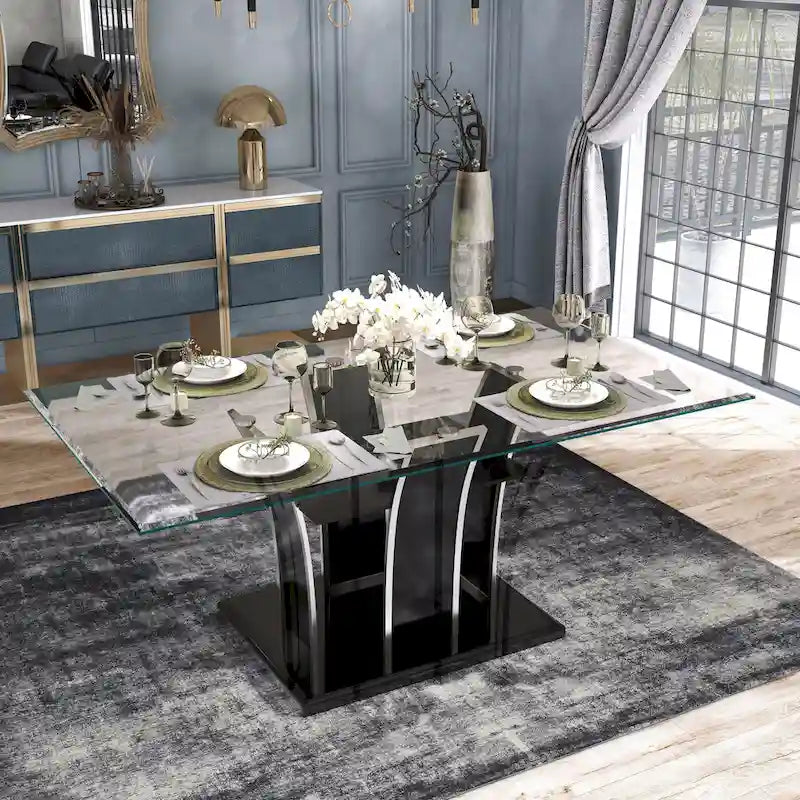 Modern 72-inch Glass Top Wood Dining Table