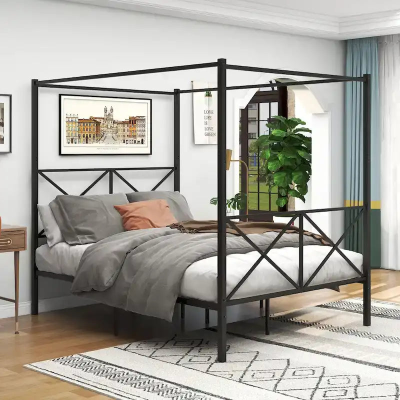 Metal Canopy Bed Frame Platform with X Shaped
