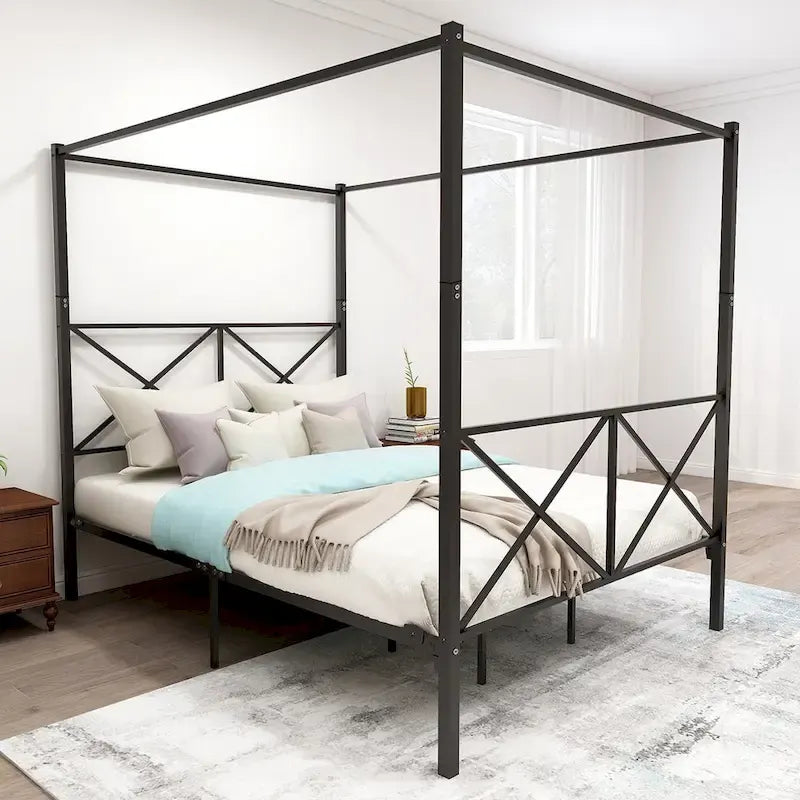 Metal Canopy Bed Frame Platform with X Shaped