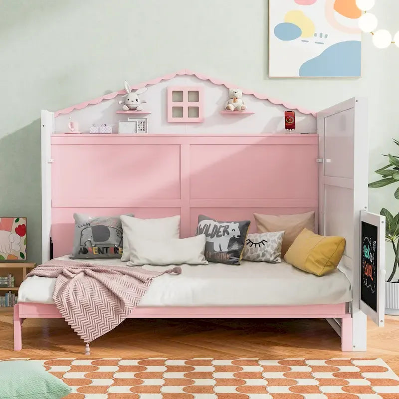 Holz Murphy-Bett in voller Größe mit USB, Ablagefächern und Kreidetafel, Pink+Weiß