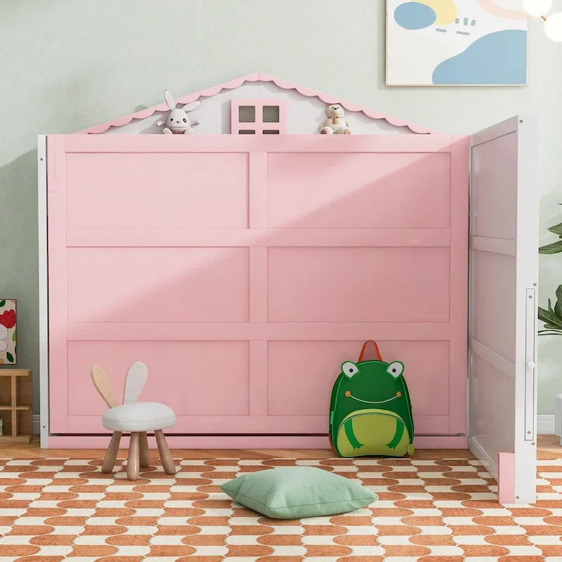 Holz Murphy-Bett in voller Größe mit USB, Ablagefächern und Kreidetafel, Pink+Weiß