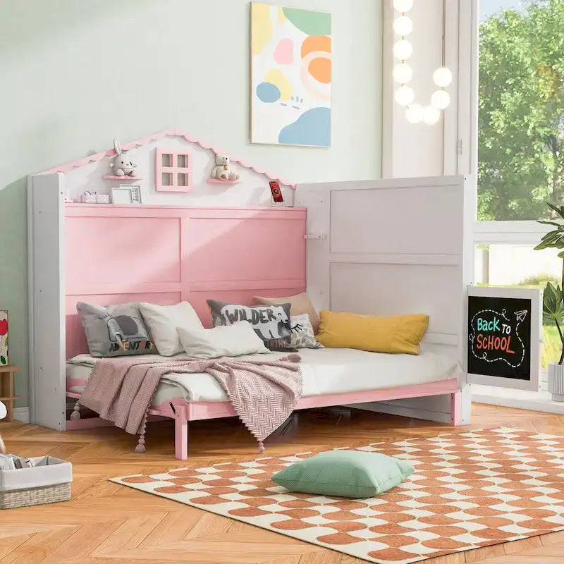 Holz Murphy-Bett in voller Größe mit USB, Ablagefächern und Kreidetafel, Pink+Weiß