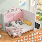 Holz Murphy-Bett in voller Größe mit USB, Ablagefächern und Kreidetafel, Pink+Weiß