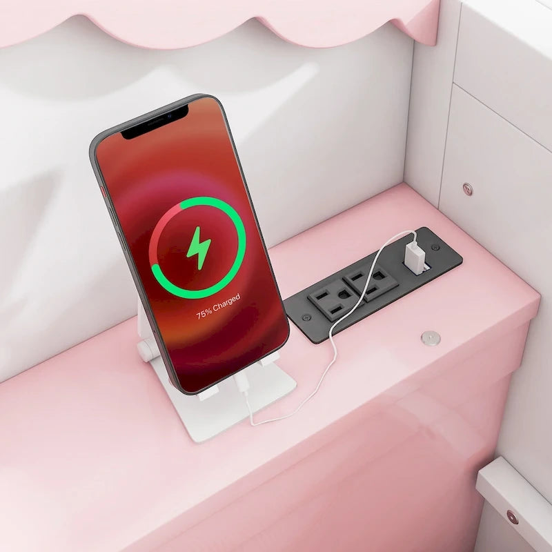 Holz Murphy-Bett in voller Größe mit USB, Ablagefächern und Kreidetafel, Pink+Weiß