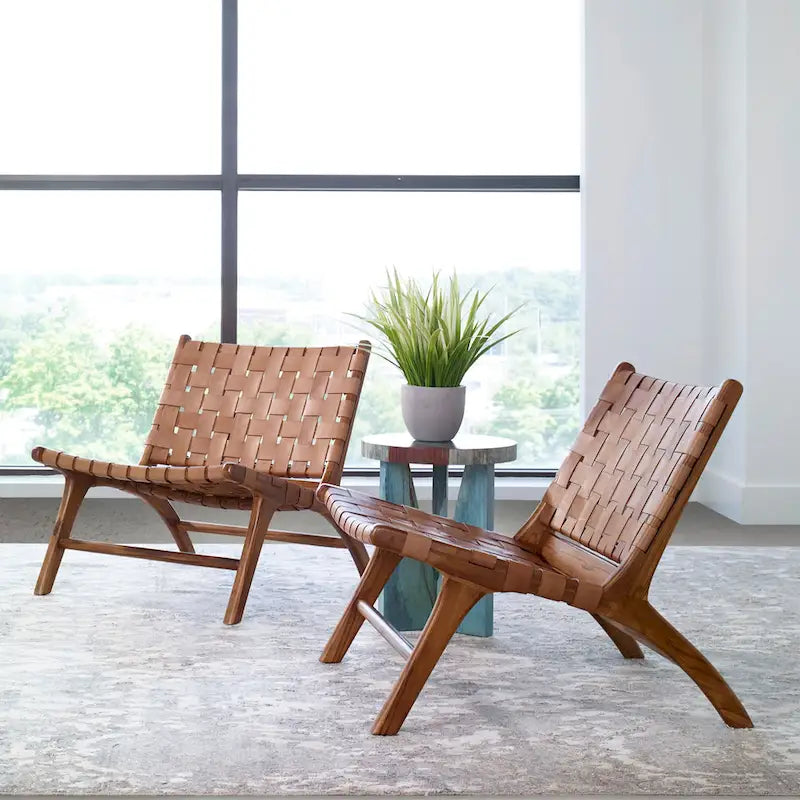 Natural Teak Woven Leather Accent Chair