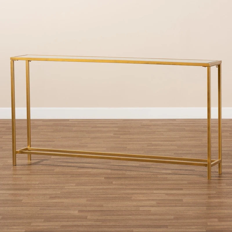 Gold Finished Metal and Mirrored Glass Console Table