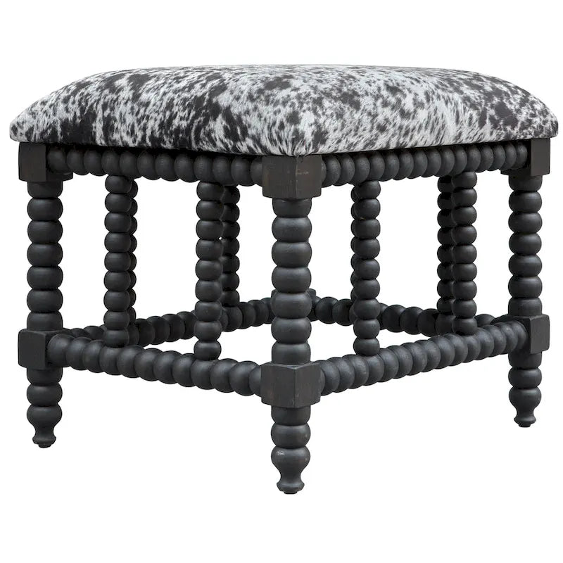 Faux Cow Hide Bench - Charcoal Grey & White - Matte Black Base