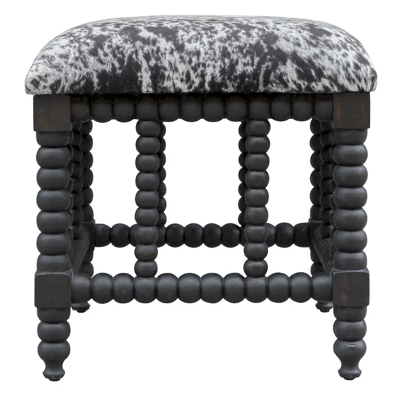 Faux Cow Hide Bench - Charcoal Grey & White - Matte Black Base