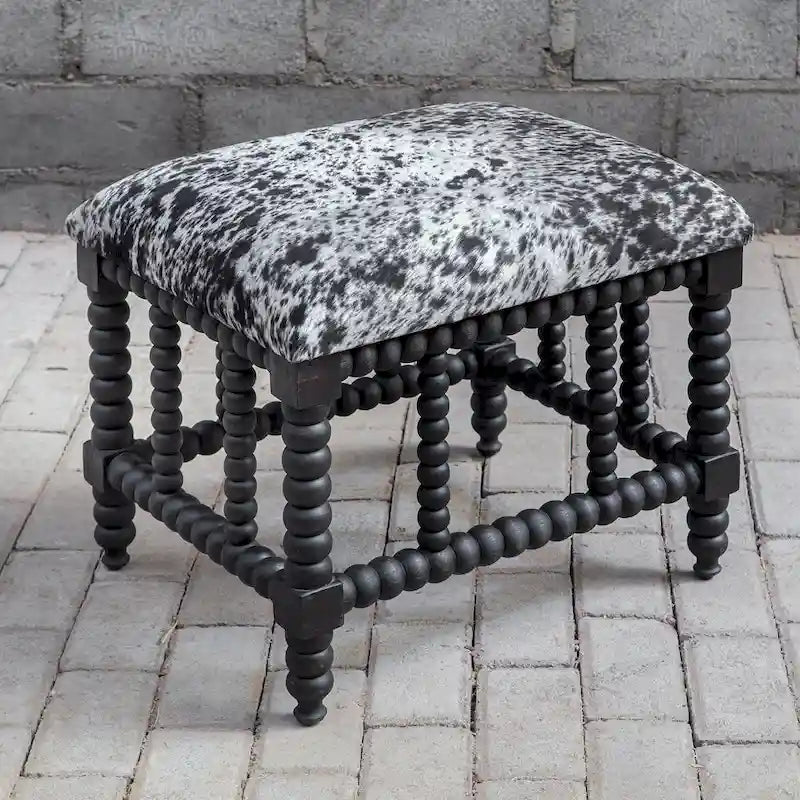 Faux Cow Hide Bench - Charcoal Grey & White - Matte Black Base