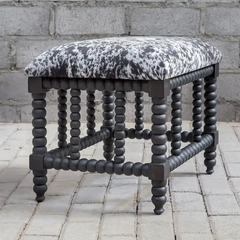 Faux Cow Hide Bench - Charcoal Grey & White - Matte Black Base