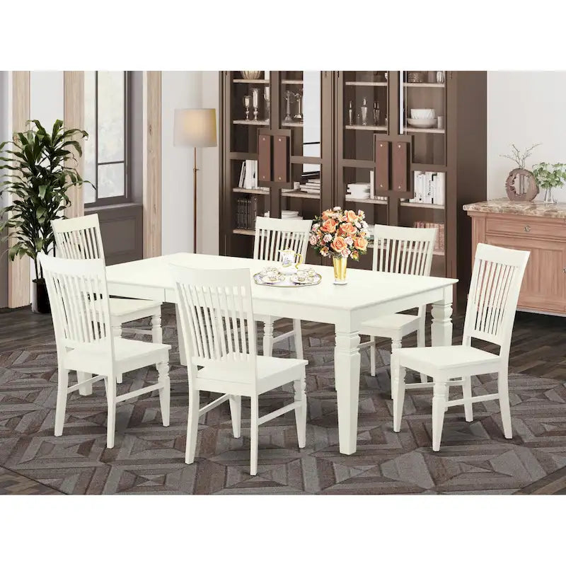 Linen White Rectangle Dining Table Set with Wood Chairs (5/7/9 Piece)