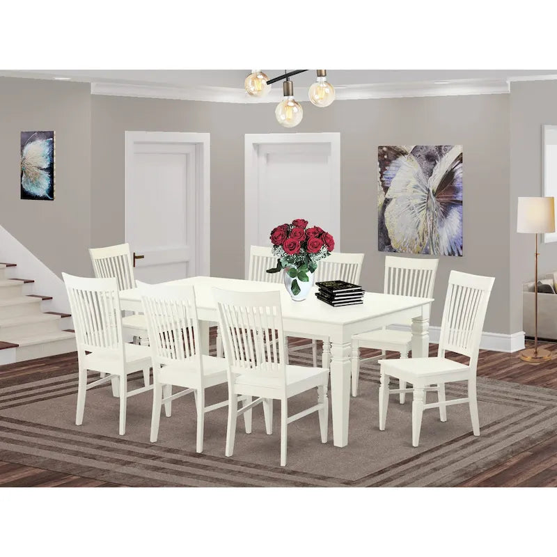 Linen White Rectangle Dining Table Set with Wood Chairs (5/7/9 Piece)