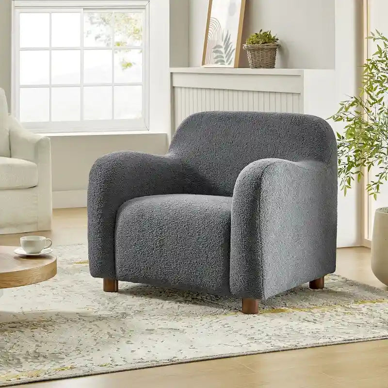 35-Inch Wide Tweed Upholstered "Teddy-Style" Accent Chair (Solid Wood Legs)