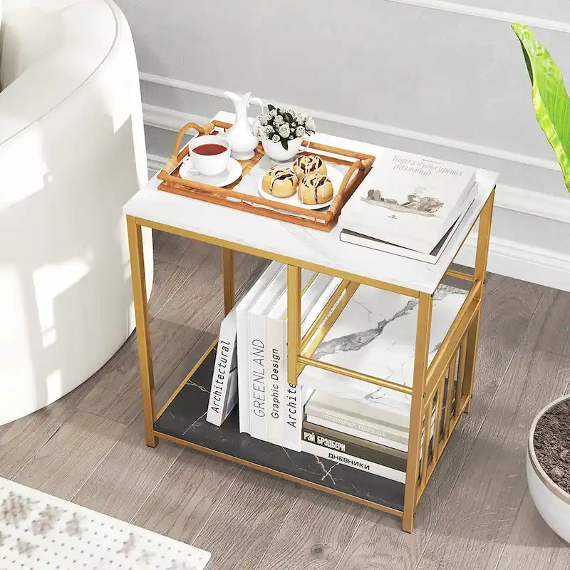 End Table 3-Tier Faux Marble Side Table w/ Storage Shelves