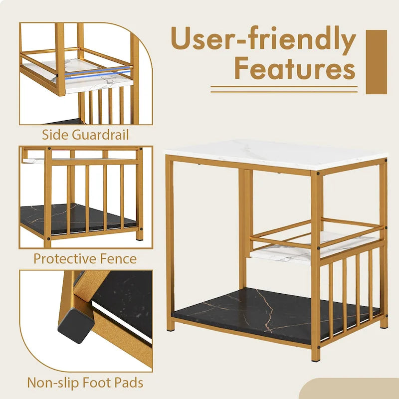 End Table 3-Tier Faux Marble Side Table w/ Storage Shelves