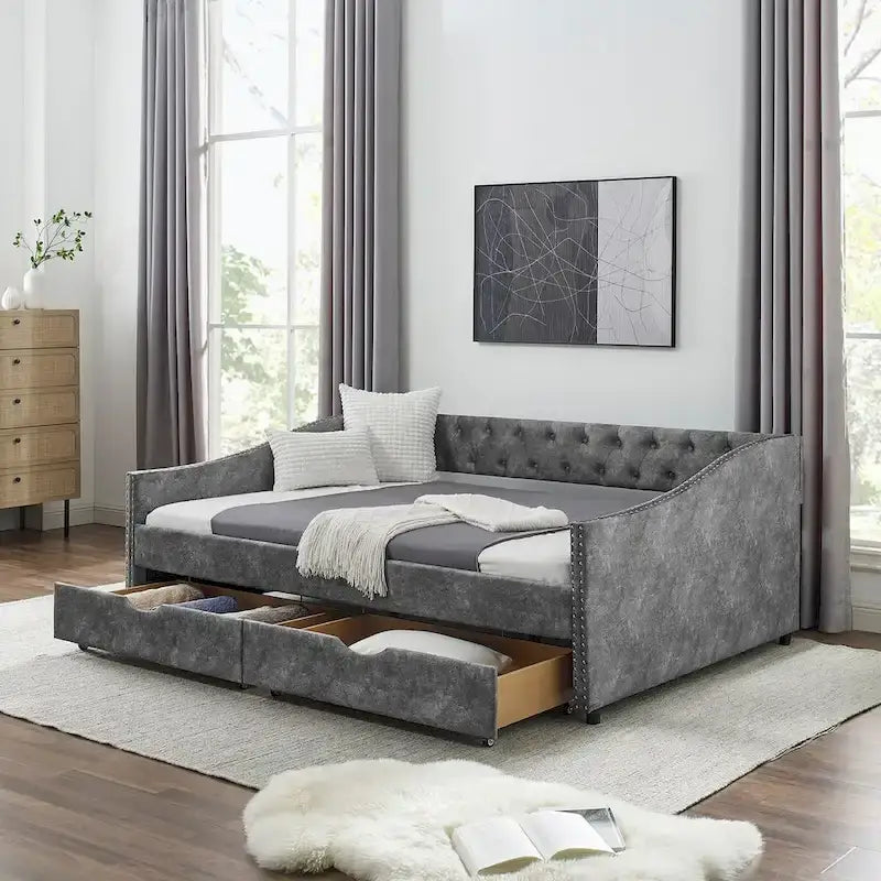 Full Size Daybed with Drawers Upholstered Tufted Sofa Bed