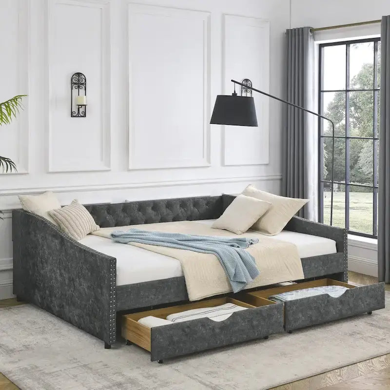 Queen Size Daybed with Drawers Upholstered Tufted Sofa Bed