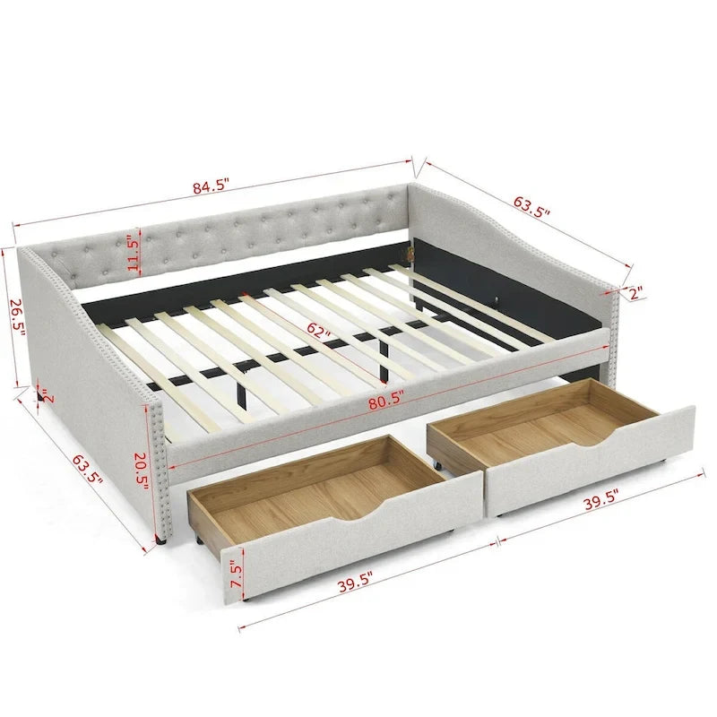 Queen Size Daybed with Drawers Upholstered Tufted Sofa Bed