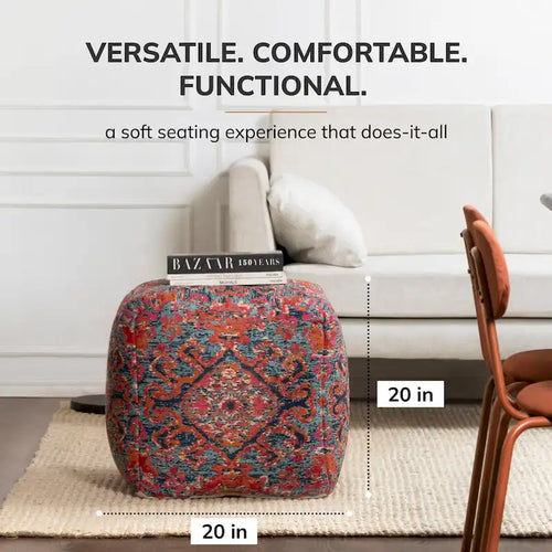 20-inch Multicolor Square Pouf Ottoman - Handmade Footrest for Living Room, Nursery