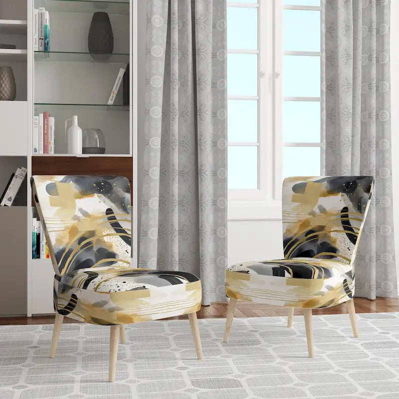 Pastel Abstract With Blue Black & Gold Spots III Upholstered Fractals Accent Chair and Modern Arm Chair