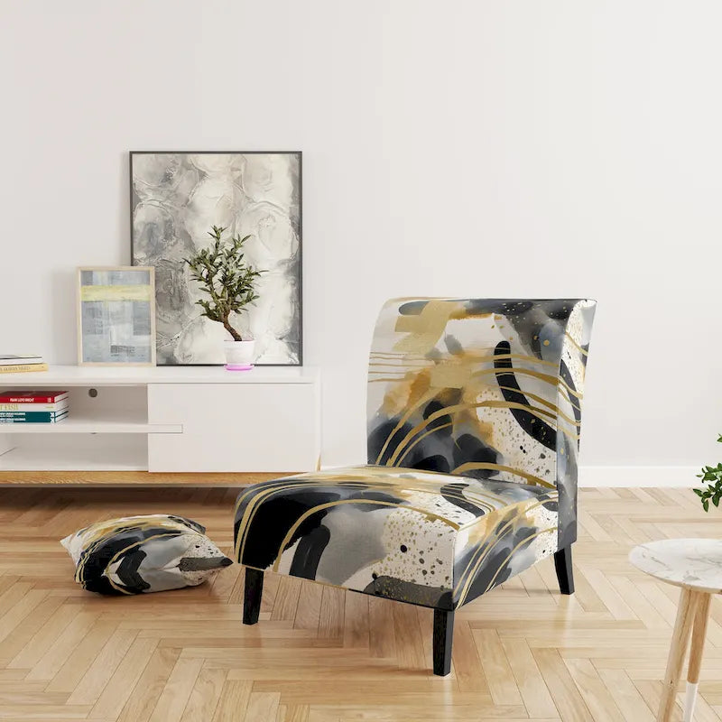 Pastel Abstract With Blue Black & Gold Spots III Upholstered Fractals Accent Chair and Modern Arm Chair