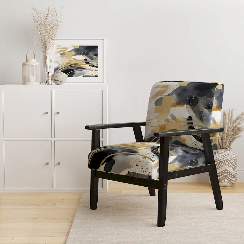 Pastel Abstract With Blue Black & Gold Spots III Upholstered Fractals Accent Chair and Modern Arm Chair