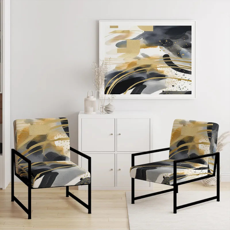 Pastel Abstract With Blue Black & Gold Spots III Upholstered Fractals Accent Chair and Modern Arm Chair
