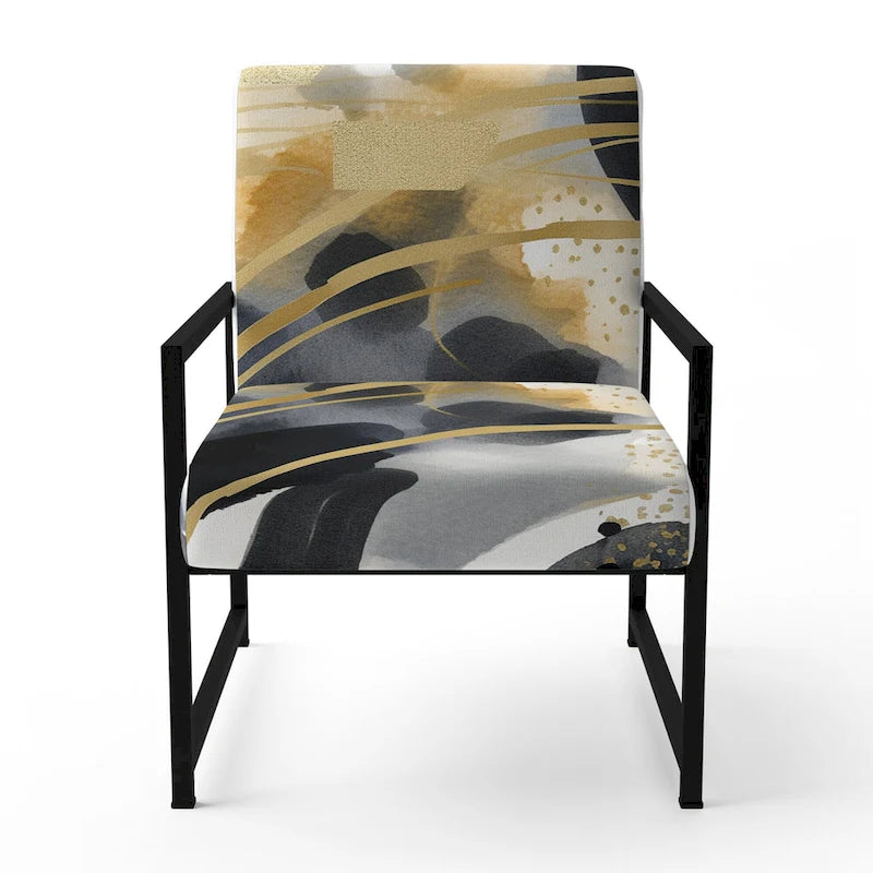 Pastel Abstract With Blue Black & Gold Spots III Upholstered Fractals Accent Chair and Modern Arm Chair