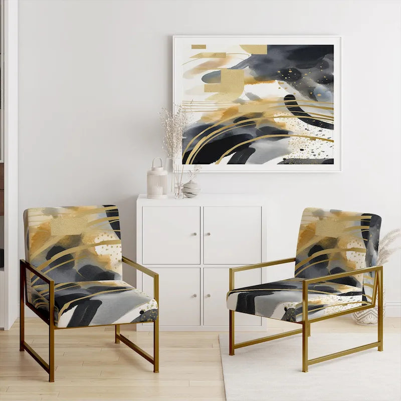 Pastel Abstract With Blue Black & Gold Spots III Upholstered Fractals Accent Chair and Modern Arm Chair