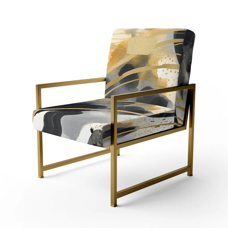 Pastel Abstract With Blue Black & Gold Spots III Upholstered Fractals Accent Chair and Modern Arm Chair