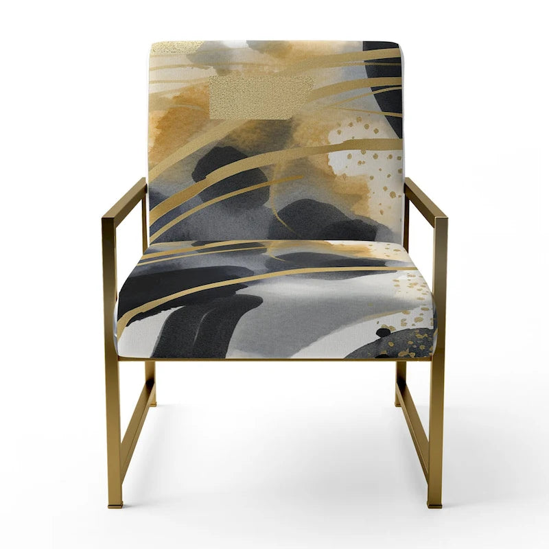 Pastel Abstract With Blue Black & Gold Spots III Upholstered Fractals Accent Chair and Modern Arm Chair