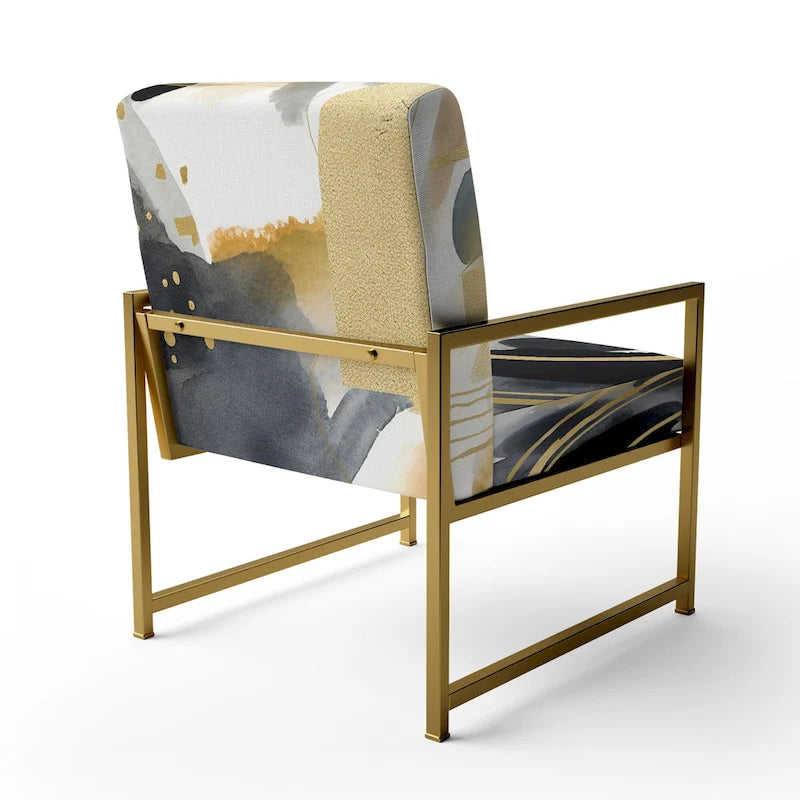 Pastel Abstract With Blue Black & Gold Spots III Upholstered Fractals Accent Chair and Modern Arm Chair