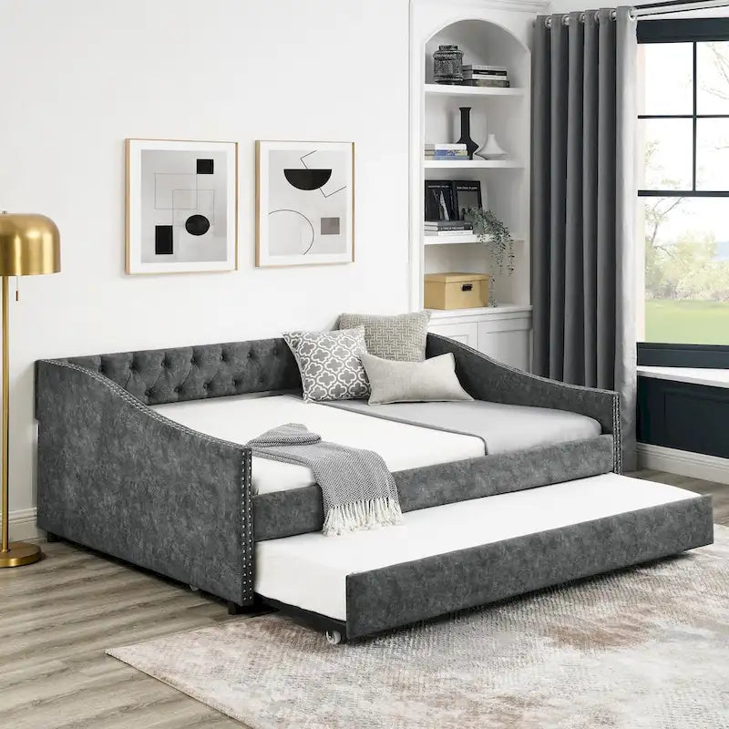 Full Size Daybed with Twin Size Trundle Upholstered Tufted Sofa Bed, with Button on Back and Copper Nail on Waved Shape Arms