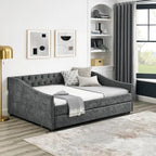 Full Size Daybed with Twin Size Trundle Upholstered Tufted Sofa Bed, with Button on Back and Copper Nail on Waved Shape Arms