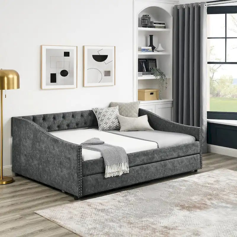 Full Size Daybed with Twin Size Trundle Upholstered Tufted Sofa Bed, with Button on Back and Copper Nail on Waved Shape Arms