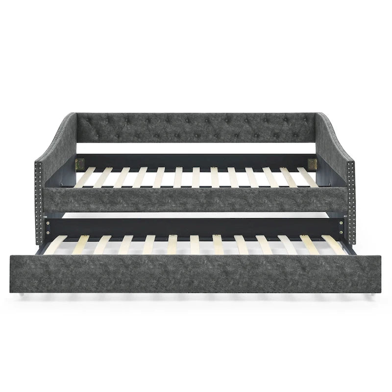 Full Size Daybed with Twin Size Trundle Upholstered Tufted Sofa Bed, with Button on Back and Copper Nail on Waved Shape Arms