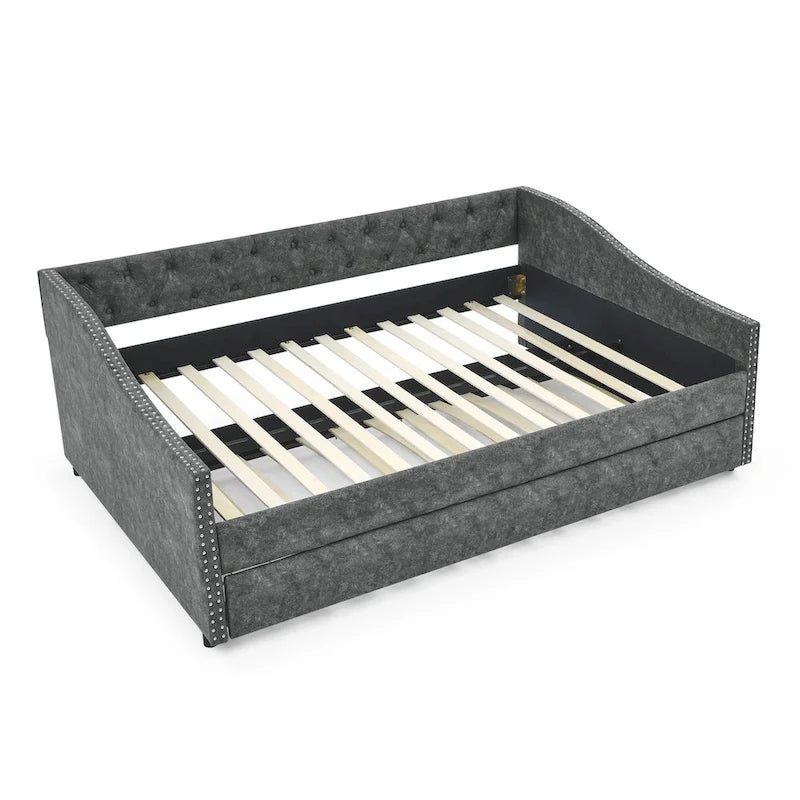 Full Size Daybed with Twin Size Trundle Upholstered Tufted Sofa Bed, with Button on Back and Copper Nail on Waved Shape Arms